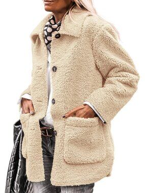 Women's Beige Fleece Sherpa Coats Winter Outfit Warm Faux Fur Trendy Fall Jacket